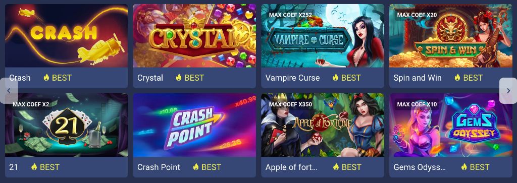 Краш‑игры 1xBet: Crash, Crystal, Vampire Curse, Spin and Win, Gems Odyssey